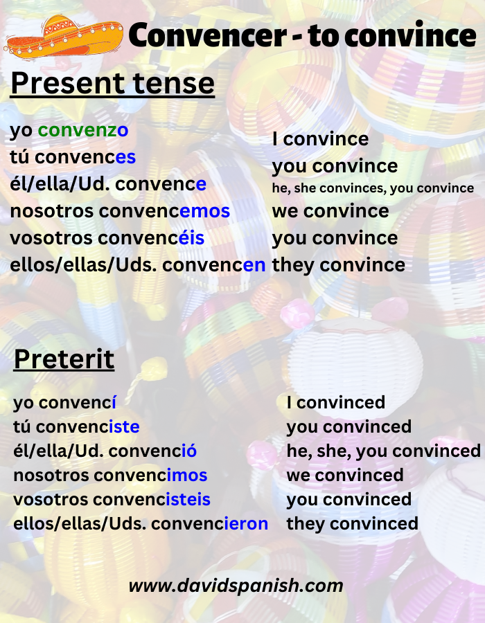 Convencer (to convince) conjugation in present and preterit tenses.