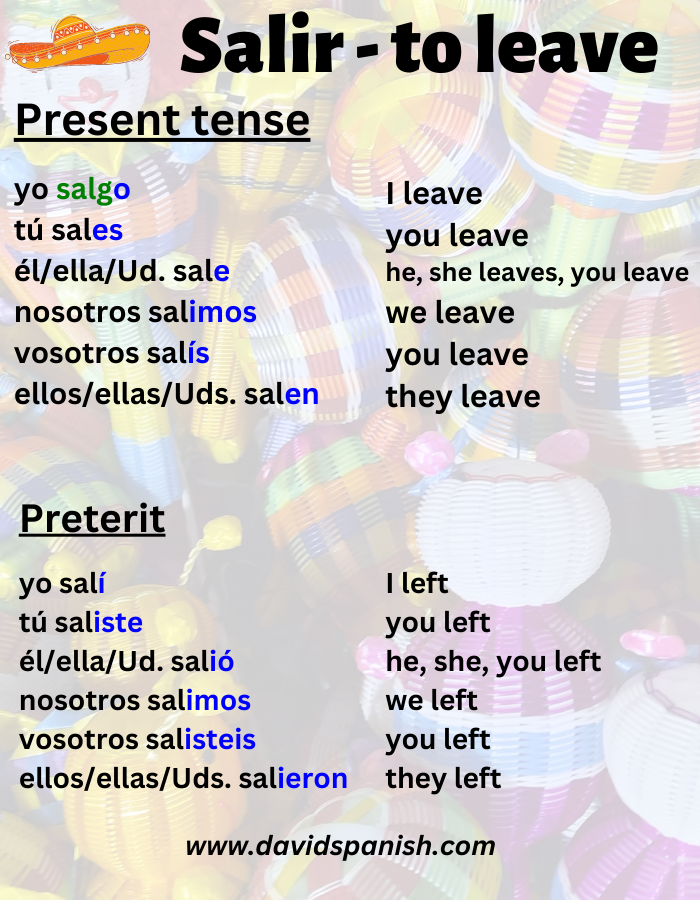 Salir (to leave) conjugation in present and preterit tenses.